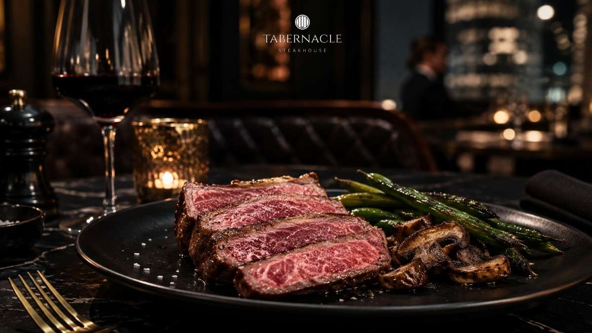 Sliced Wagyu steak Manhattan plating with green beans and mushrooms