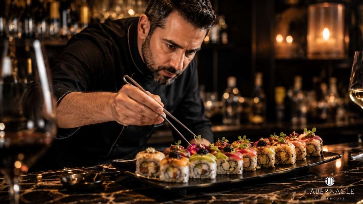 Chef plating a sushi roll assortment with tweezers in a dim restaurant