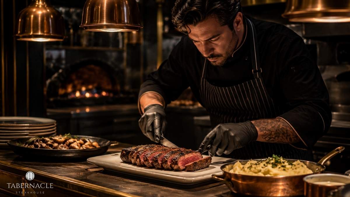 Chef slicing a grilled steak on a cutting board in a fire-lit kitchen