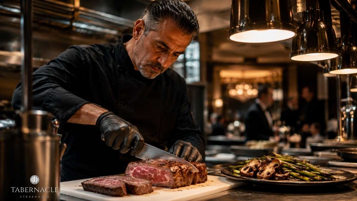 Chef slicing a thick marbled steak on a cutting board in a kitchen