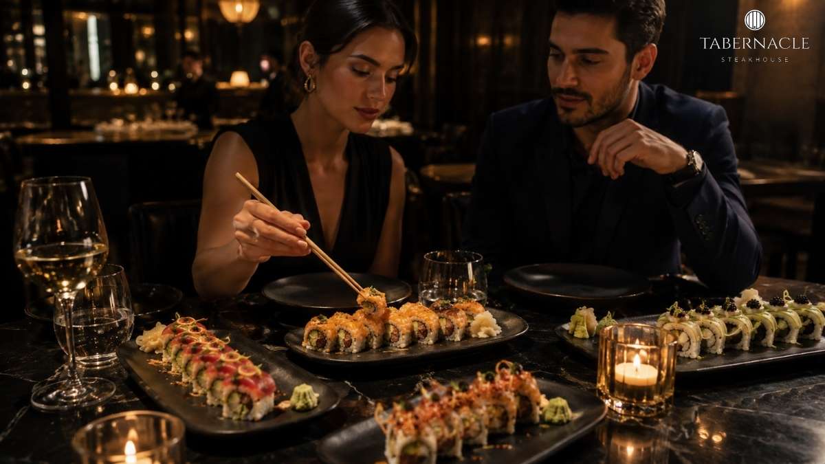 Couple sharing multiple sushi roll platters at a candlelit dinner table