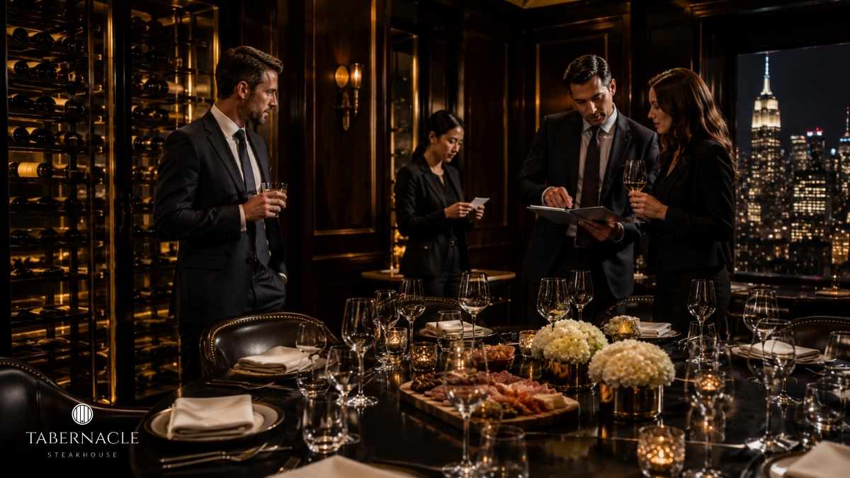 Guests reviewing a menu with a server in an upscale private dining room
