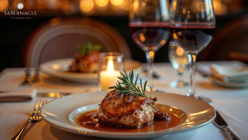 Plated kosher dinner course with red wine at a candlelit table during a Manhattan rehearsal dinner at Tabernacle Steakhouse
