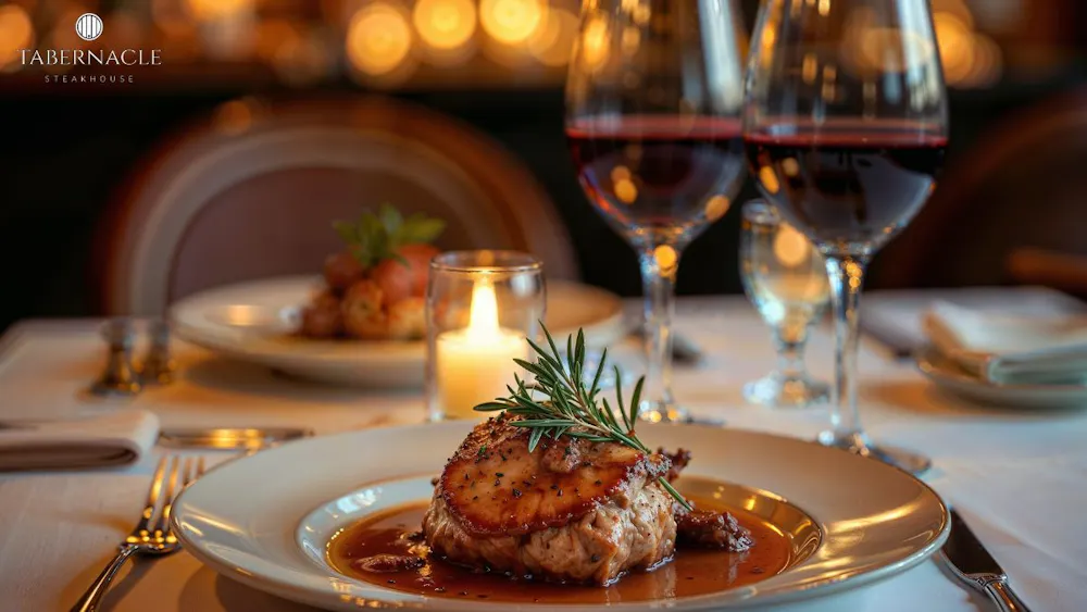 Plated kosher entrée with red wine and candlelight at Tabernacle Steakhouse, upscale glatt kosher fine dining in Midtown Manhattan
