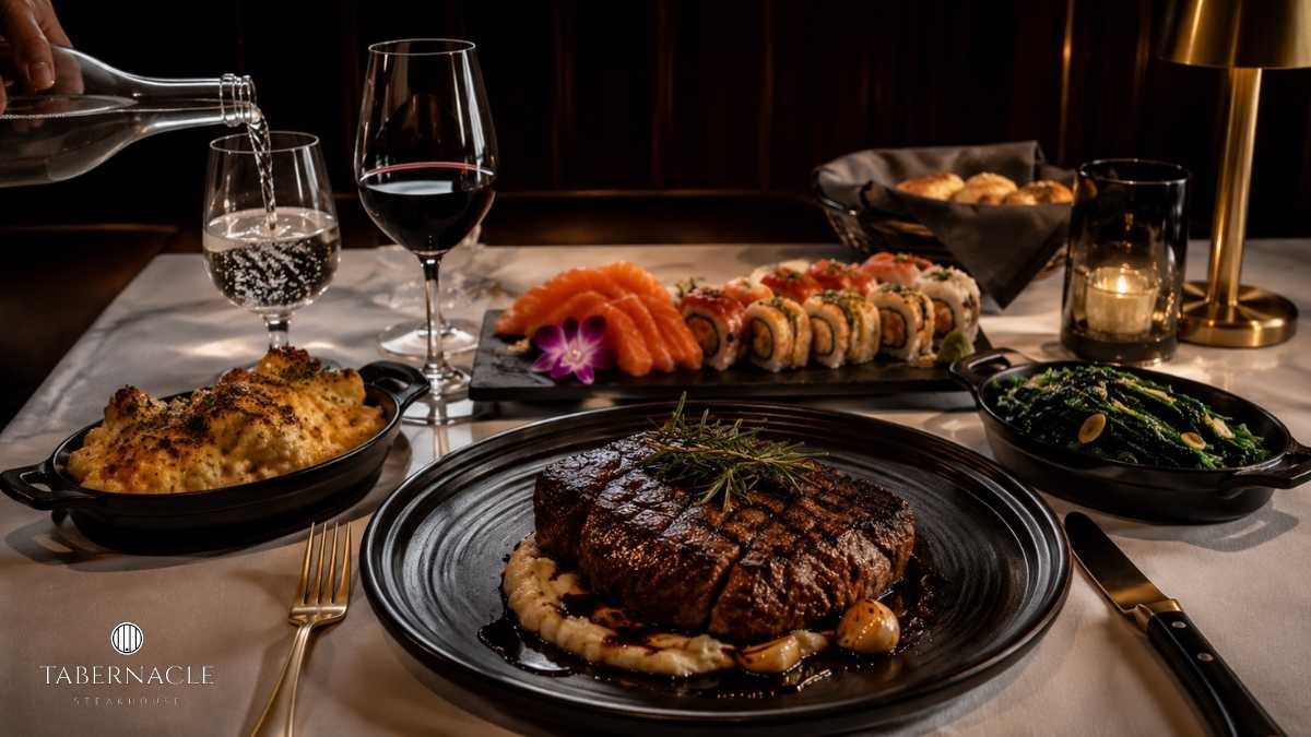 Plated steak with sushi, sides, red wine, and water being poured at dinner