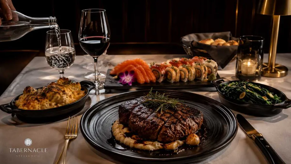 Plated steak with sushi, sides, red wine, and water being poured at dinner