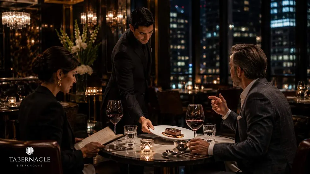 Server presenting a steak plate to a couple dining by a city window at night