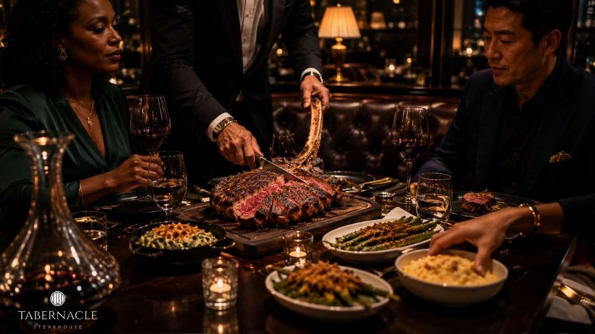 Server slicing a tomahawk steak tableside for two diners with wine
