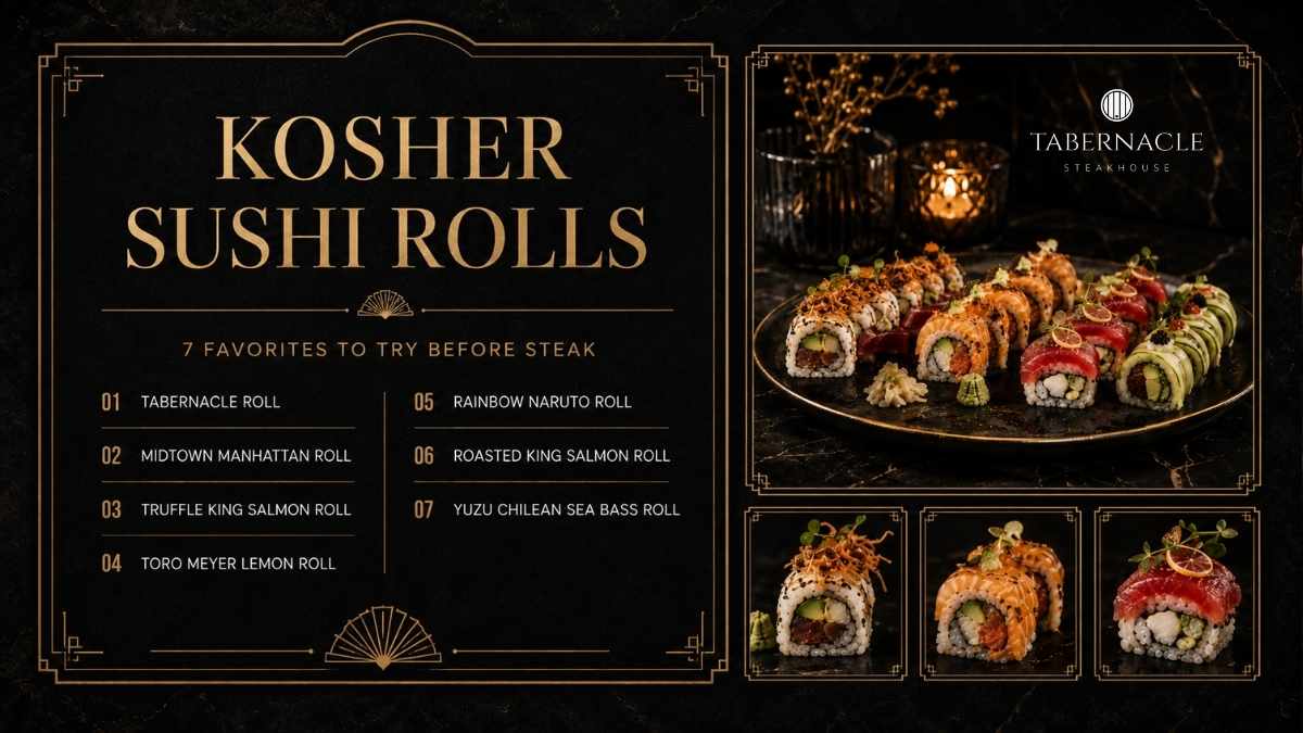 Seven kosher sushi rolls menu listing with platter and close-up shots