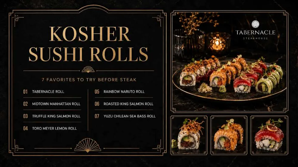 Seven kosher sushi rolls menu listing with platter and close-up shots