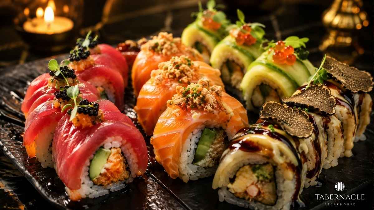 Tuna, salmon, and truffle sushi rolls with caviar and roe on a dark slate