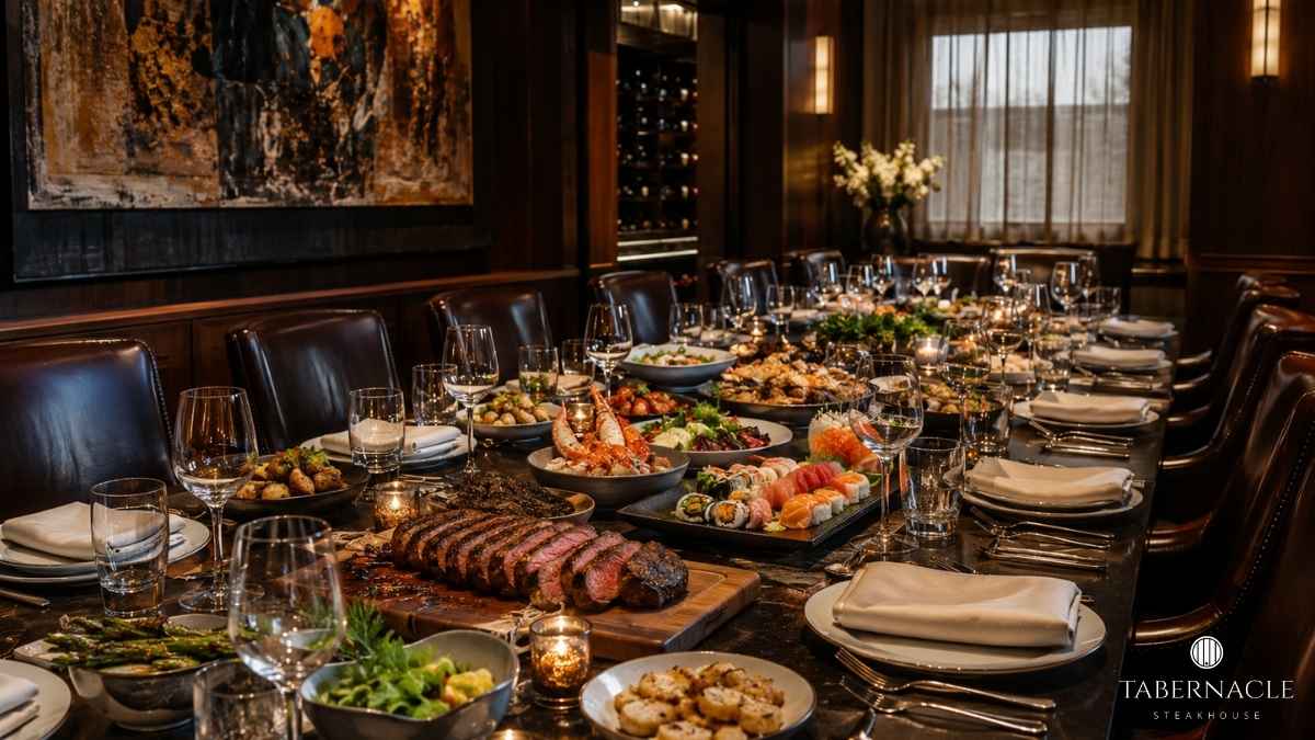 banquet-table-set-for-large-group-with-steak-sushi-and-seafood