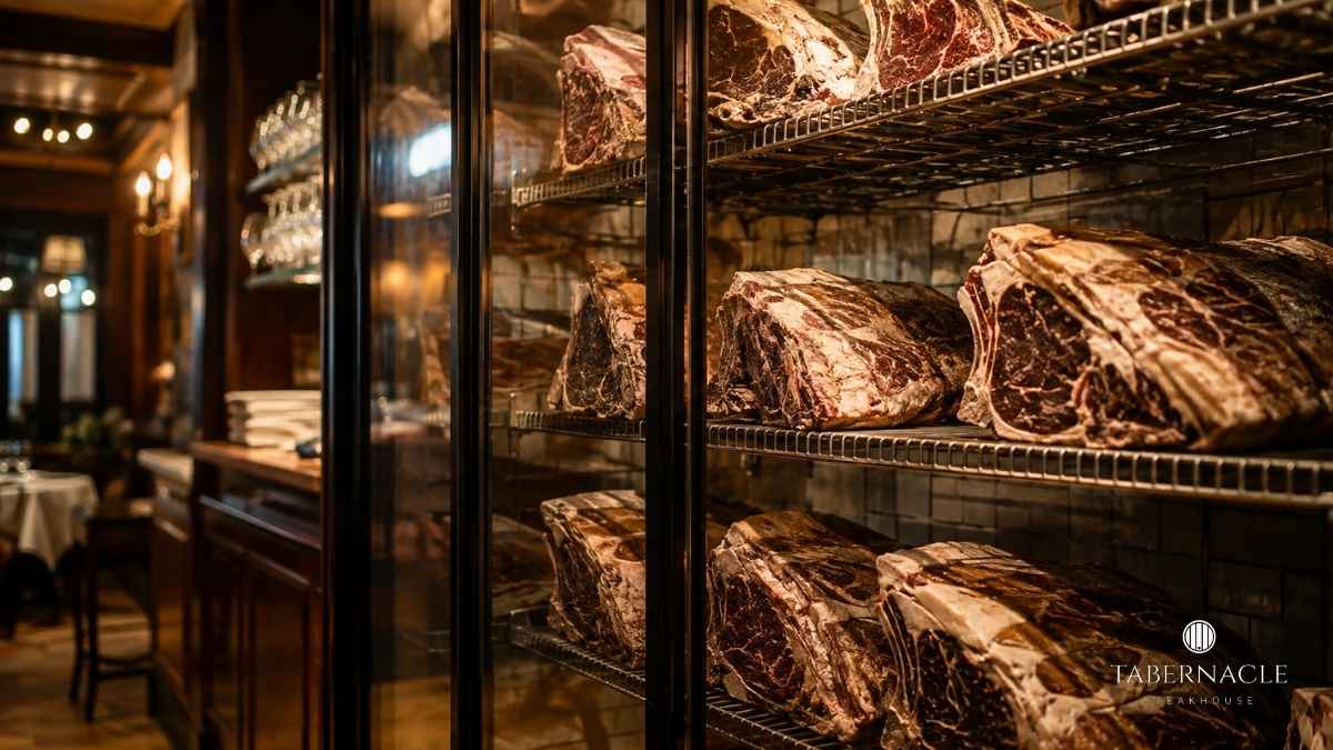 beef-cuts-aging-on-wire-racks-inside-glass-dry-age-cabinet