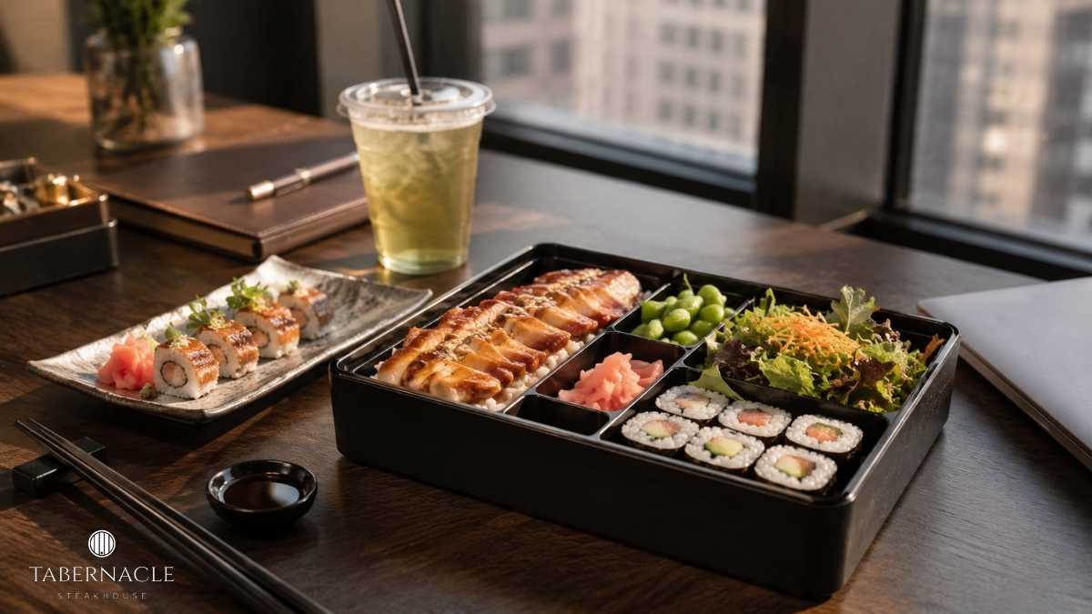 bento-box-with-teriyaki-sushi-rolls-and-salad-on-desk