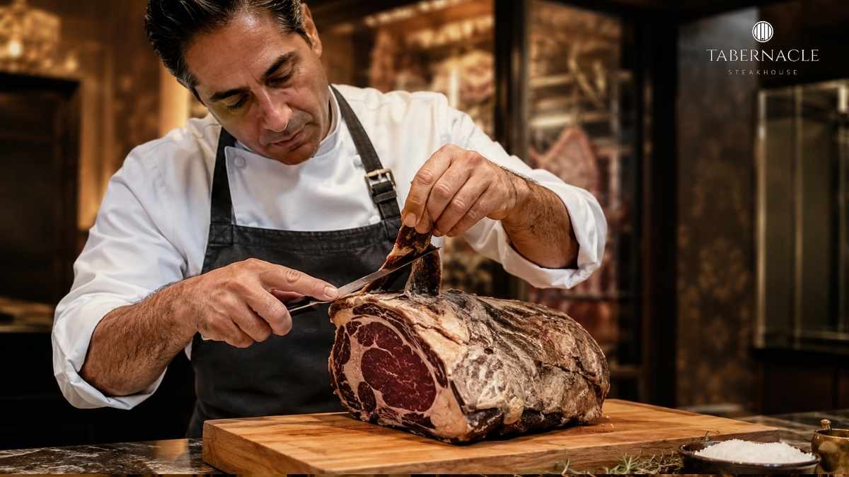 chef-trimming-crust-off-dry-aged-beef-cut-on-wooden-board