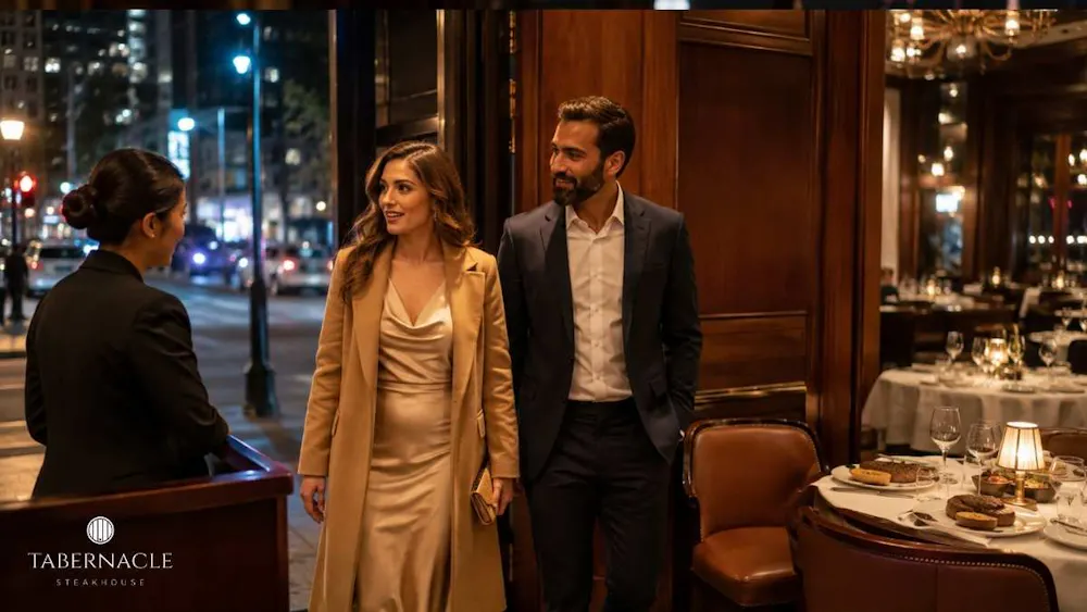 couple-arriving-at-upscale-steakhouse-greeted-by-hostess