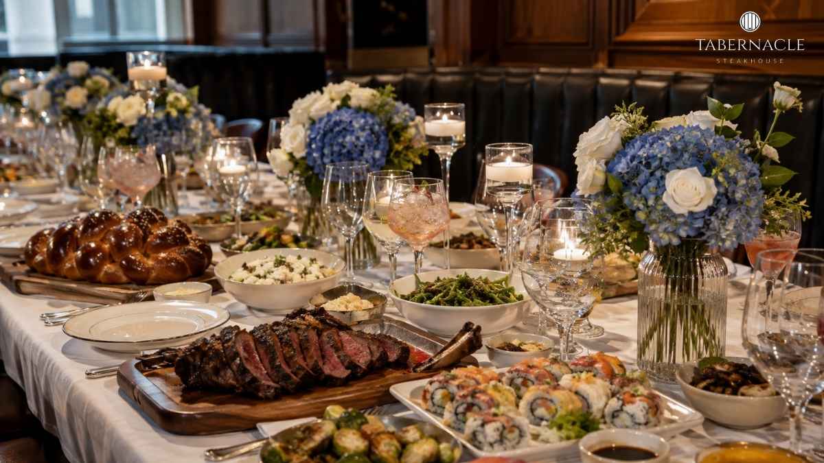 kosher-feast-spread-with-challah-steak-sushi-and-floral-decor