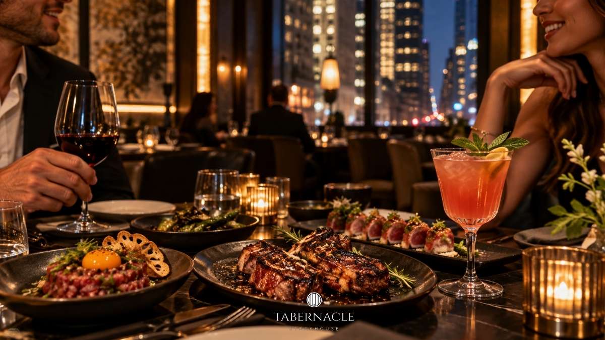 a table with plates of food and drinks