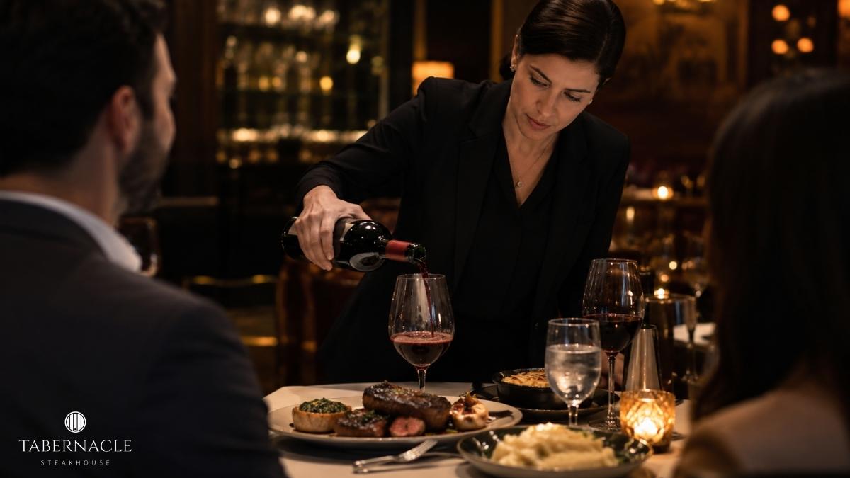 server-pouring-red-wine-at-candlelit-steakhouse-dinner-table