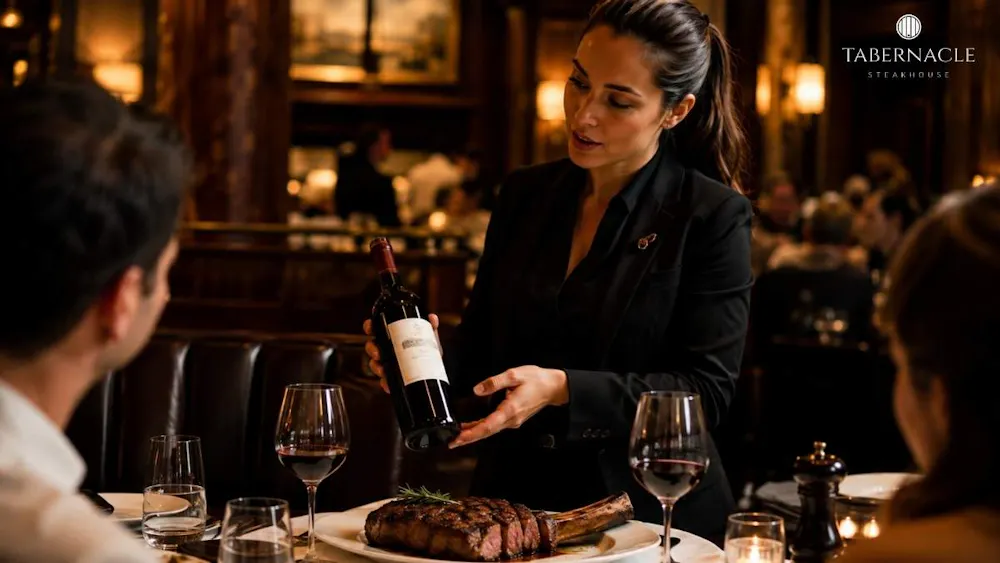sommelier-presenting-red-wine-bottle-to-guests-at-dinner-table