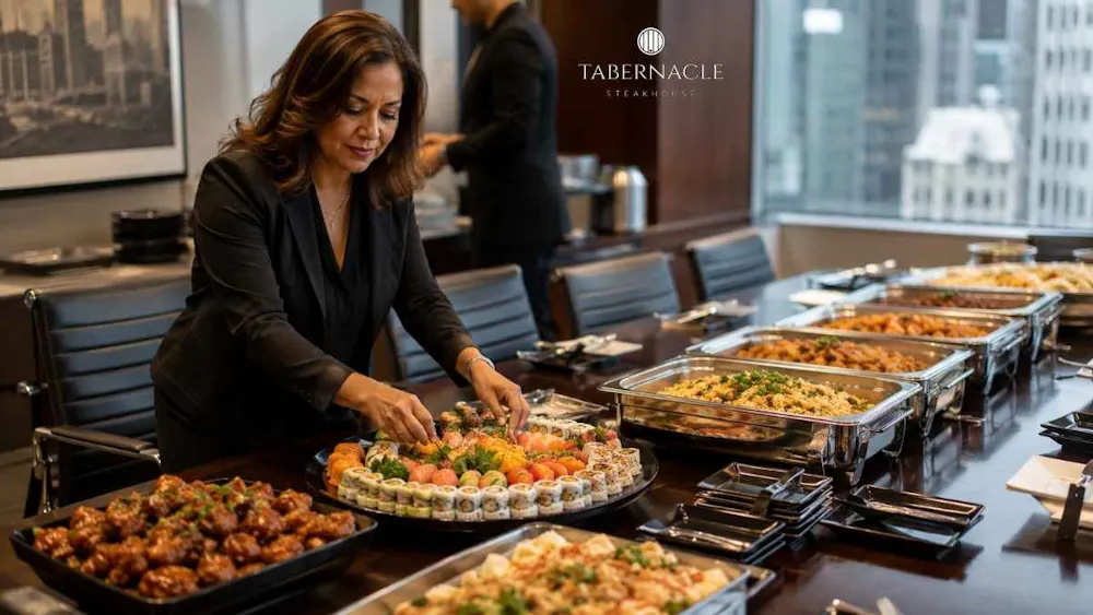 woman-arranging-sushi-platter-at-corporate-catering-spread