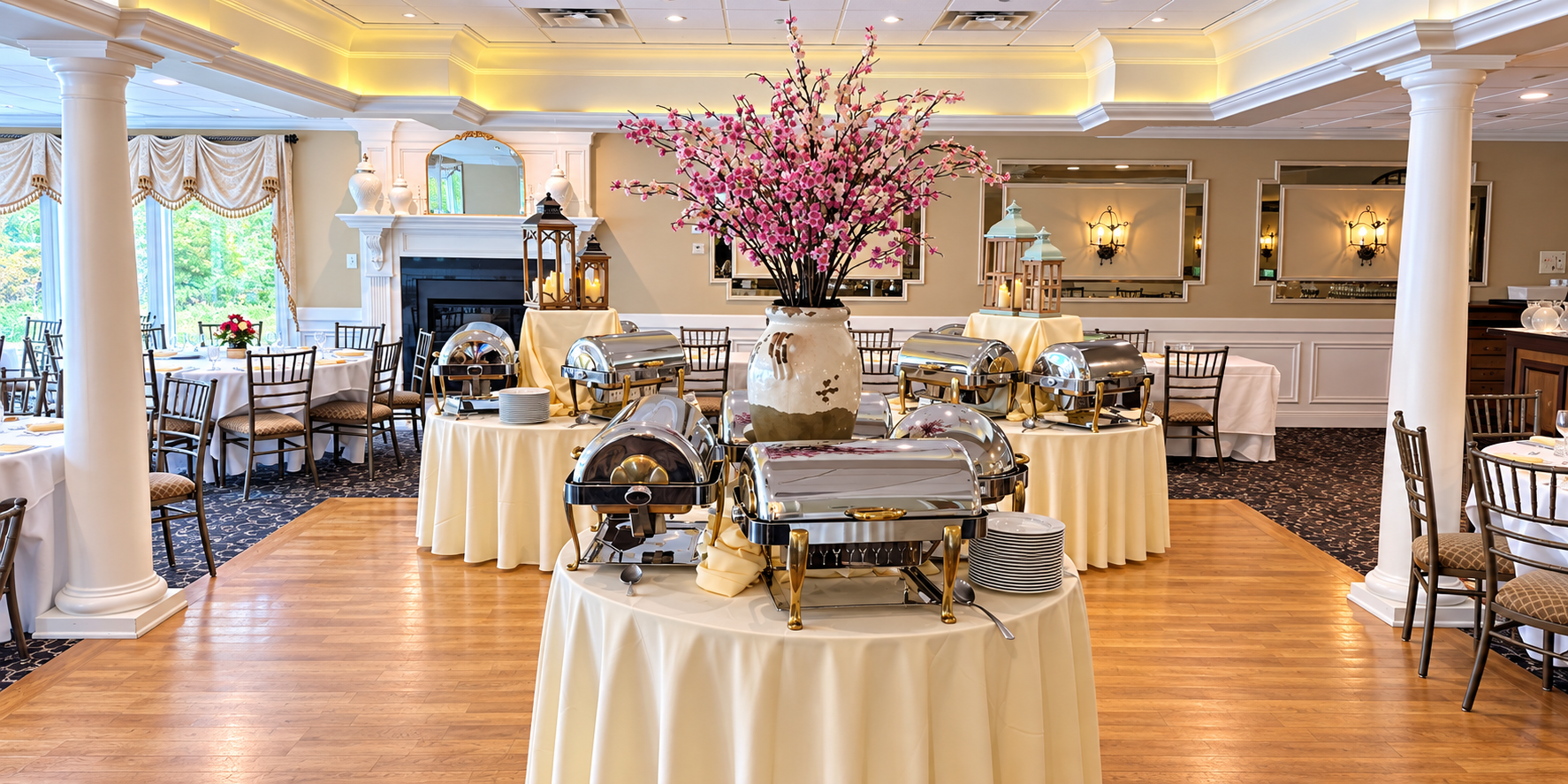 a buffet set up in a room