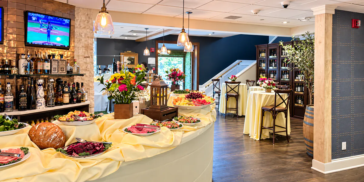 a buffet table with food on it