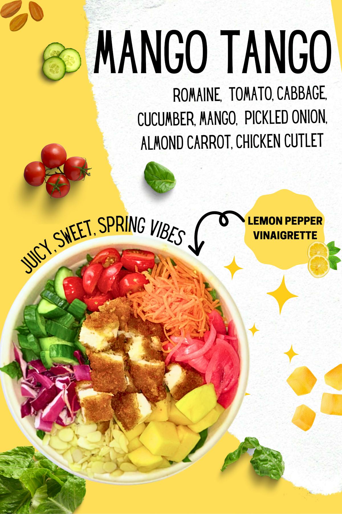 Mango Tango Salad with romaine chicken cutlet mango red cabbage tomato cucumber almond carrots cucumber with a new lemon pepper vinaigrette