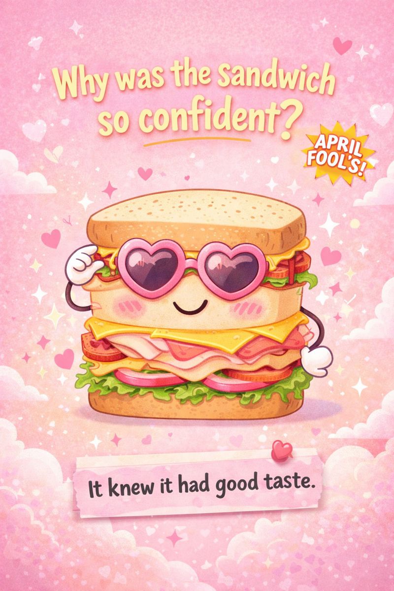 Cute illustrated sandwich wearing heart-shaped sunglasses with the joke “Why was the sandwich so confident? It knew it had good taste” for April Fool’s Day.
