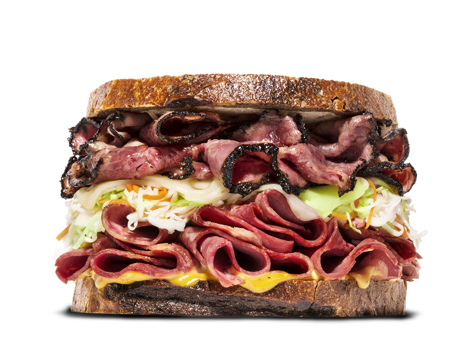 Stacked Lenwich deli sandwich with sliced pastrami, corned beef, melted cheese, coleslaw, and rye bread.