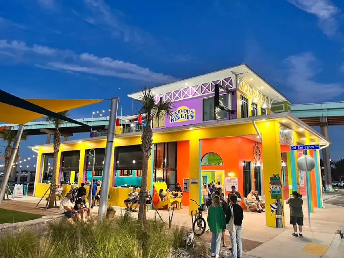 Nervous Nellie's colorful exterior with boat docks