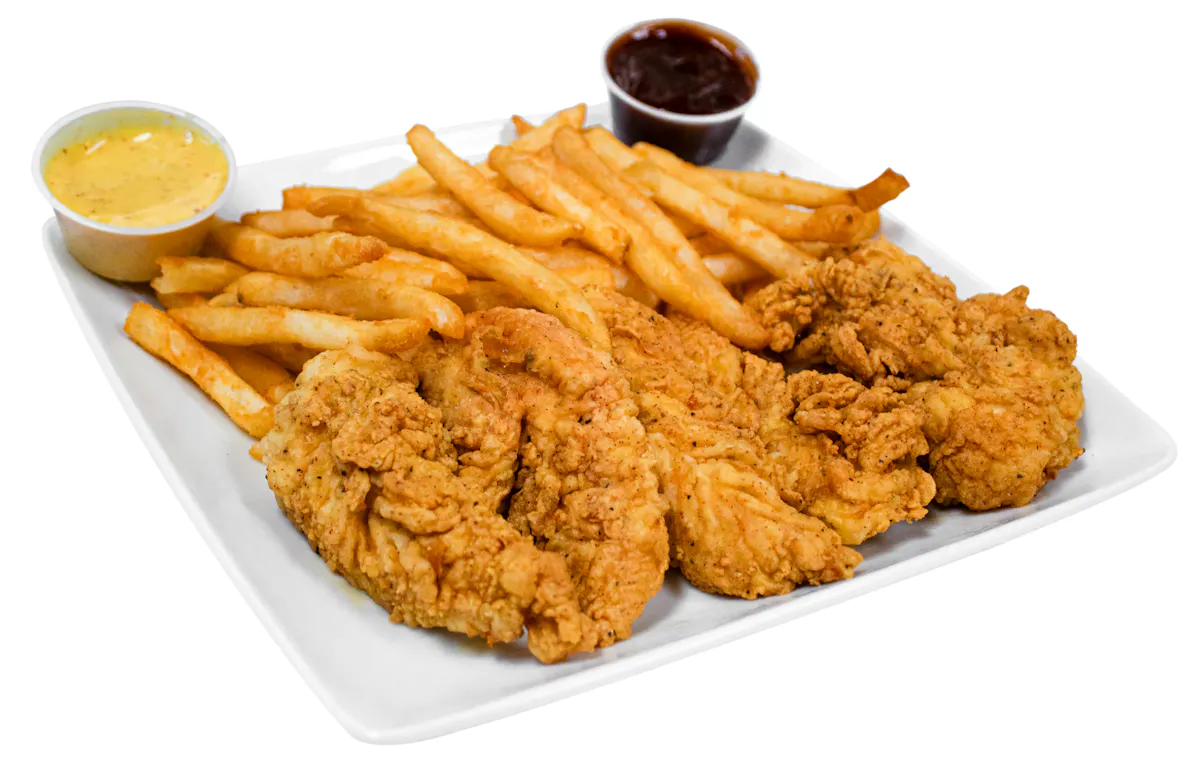 a plate of food is sitting on the side of fries