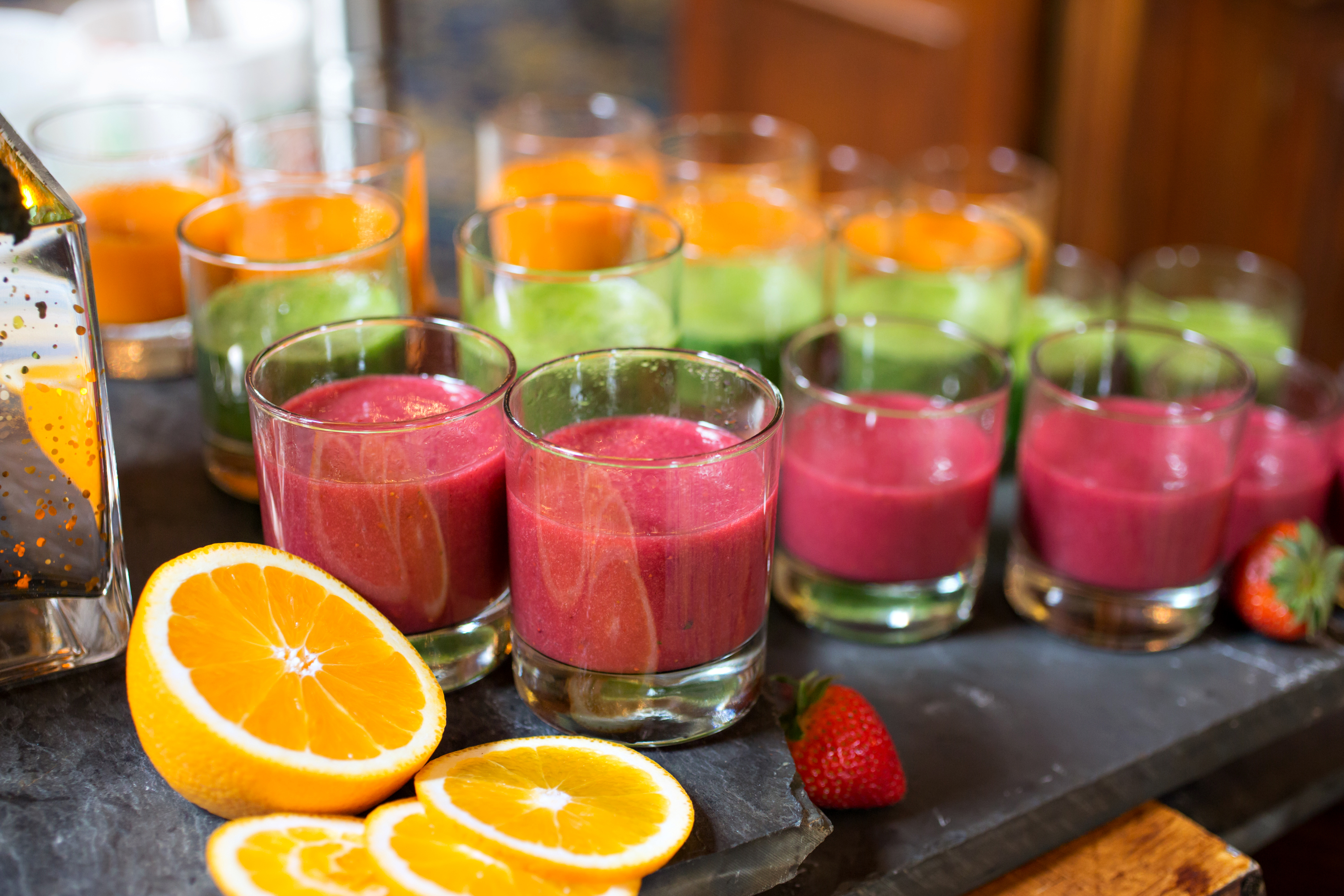 drinks on a tray with fruit