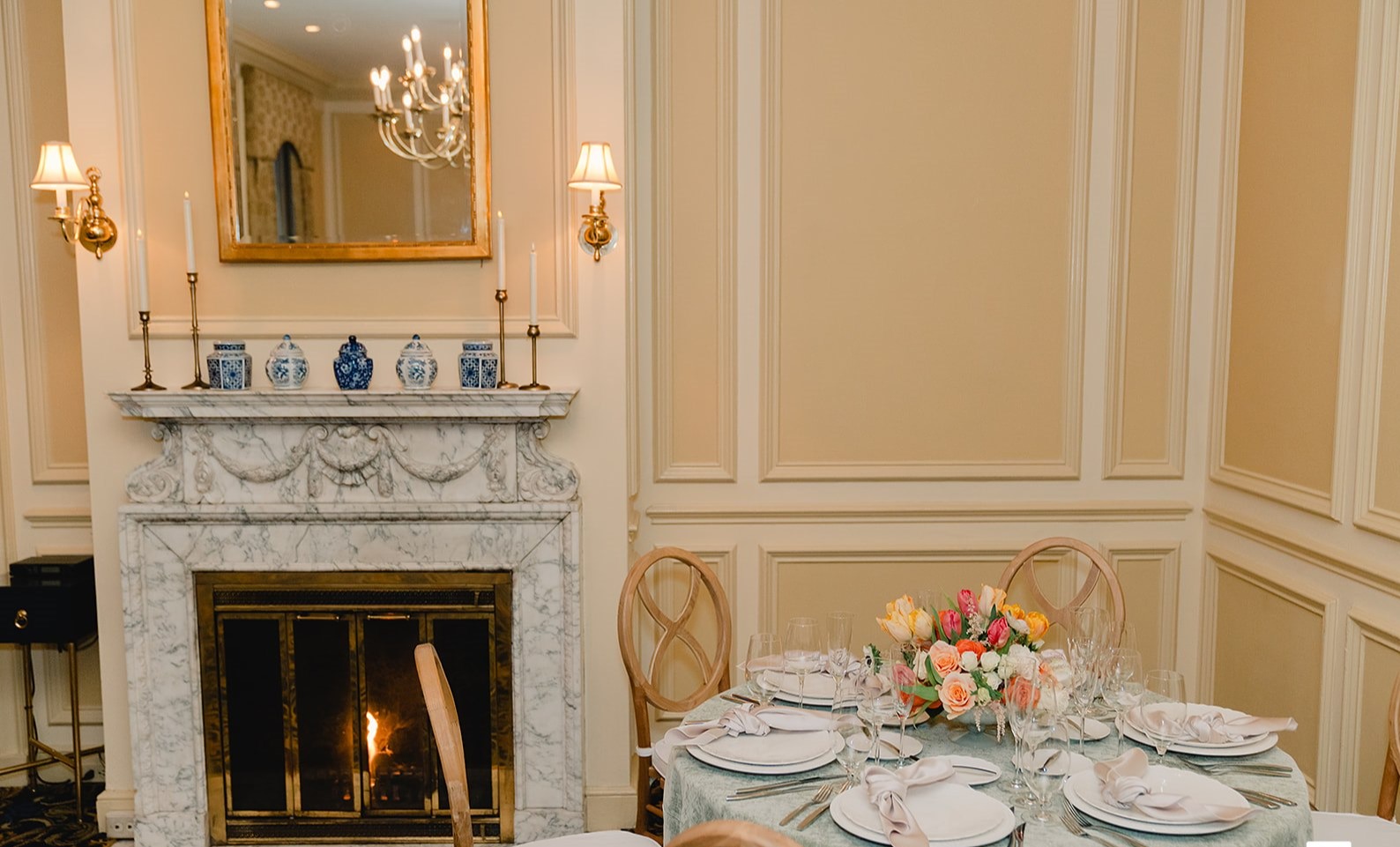 a room filled with furniture and a fire place