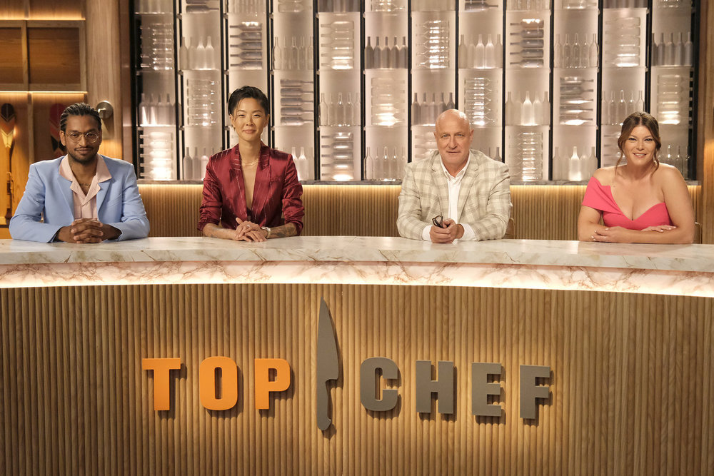 Kristen Kish, Tom Colicchio, Gail Simmons sitting in a box