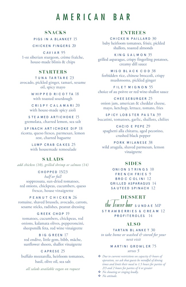 Menus | American Bar in West Village, NYC