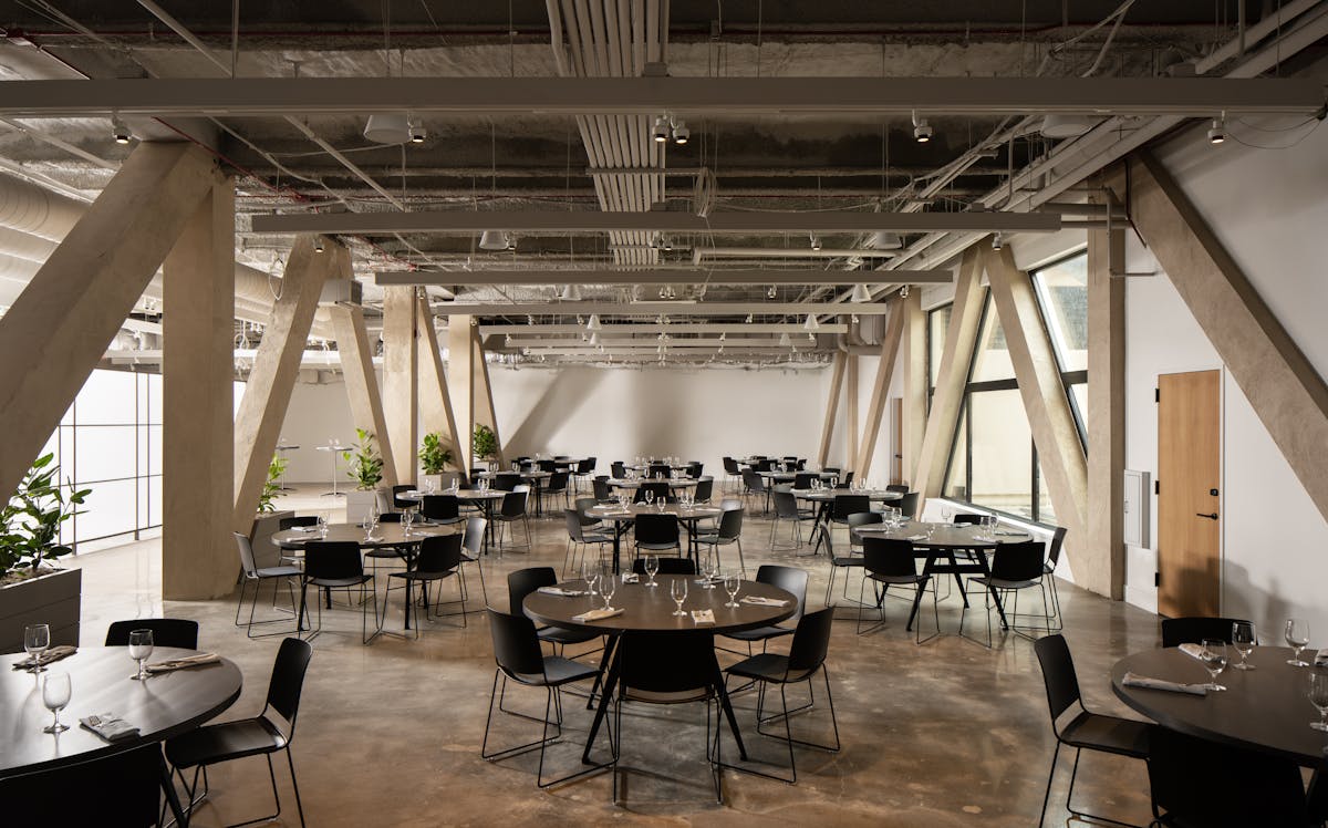 a dining room table in front of a building