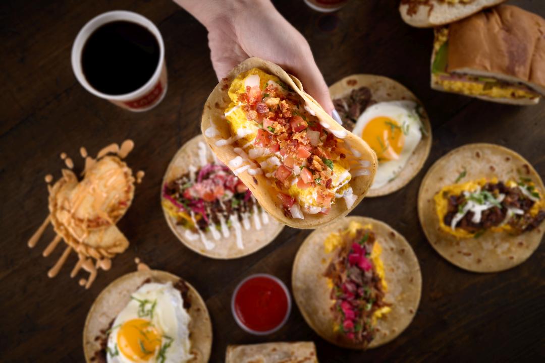 Group shot of breakfast menu items available at Taco Bamba's City Ridge location including breakfast tortas, breakfast tacos, and more