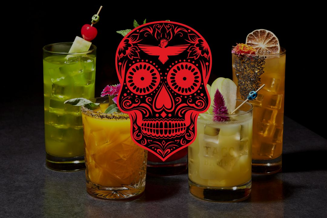 Group shot of colorful and creative cocktails overimposed with a logo graphic of a day of the dead skull with a taco bamba logo in the forehead
