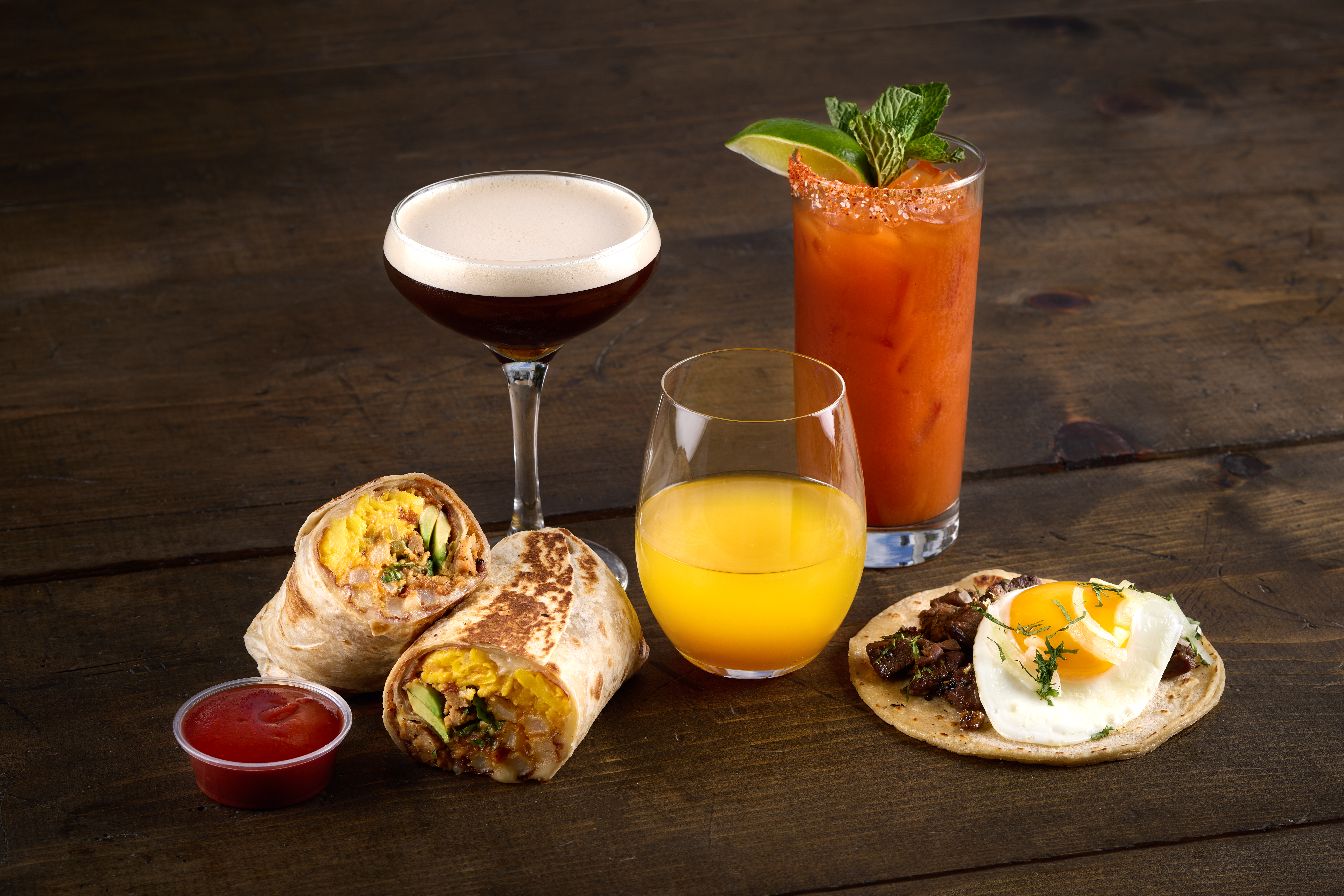 Taco Bamba breakfast burrito and breakfast cocktails
