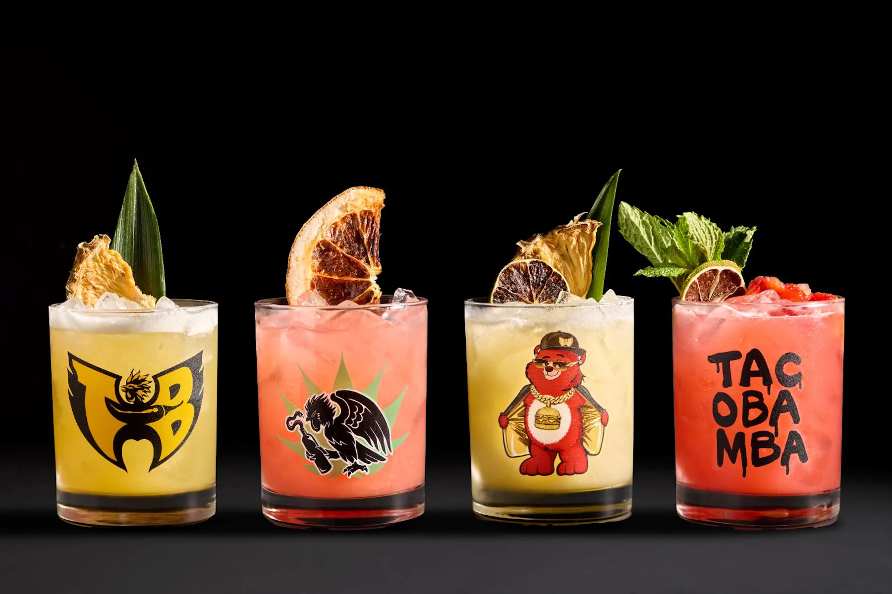 a row of different colored drinks