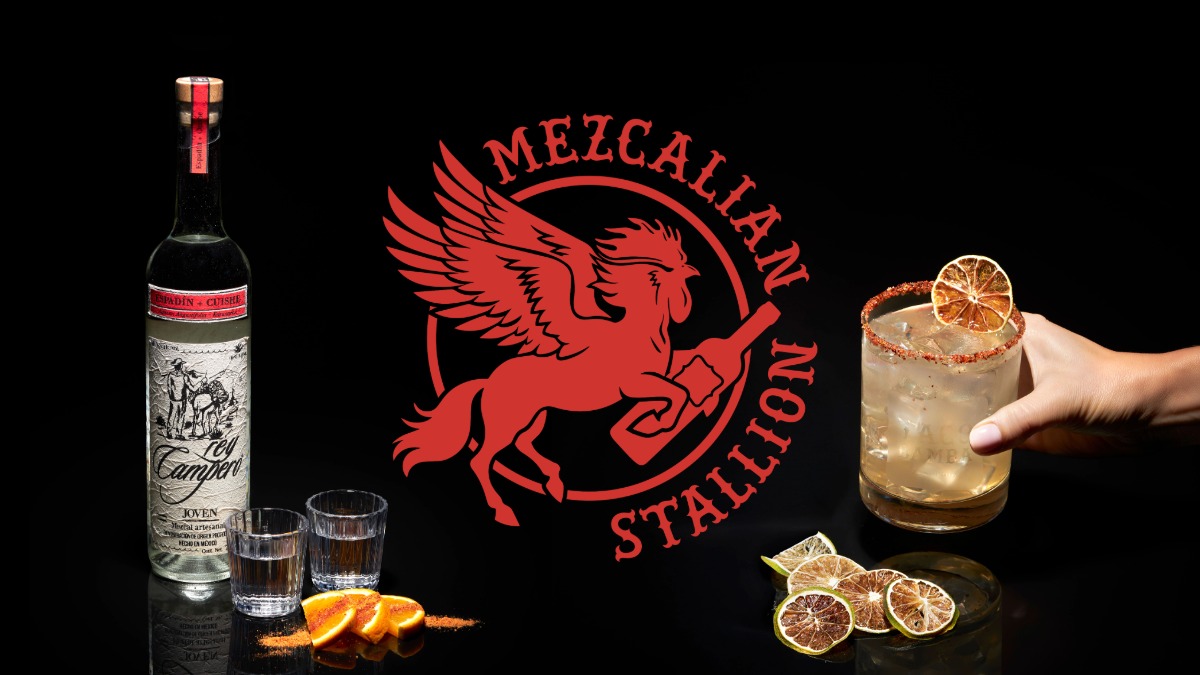 Image of taco bamba collaboration rey compero mezcal and a spicy margarita with a taco bamba logo centered