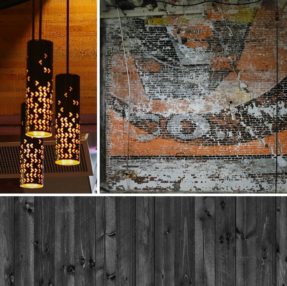 Beautiful Chandeliers, Original Mural and Shou Sugi Ban Walls