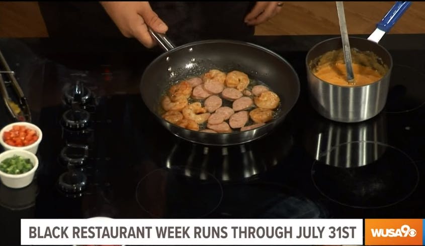 a person cooking food in a pan