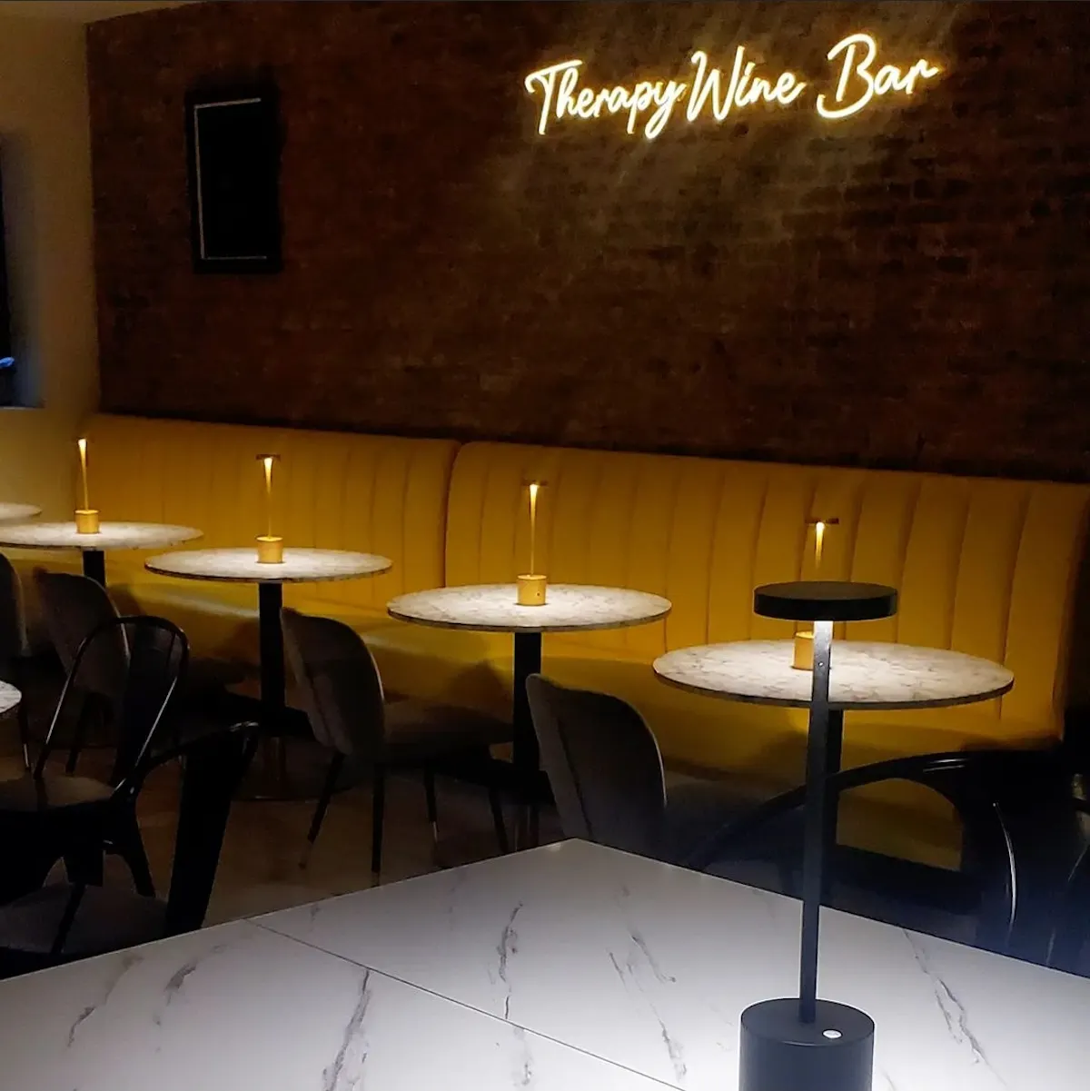 a chair sitting in front of a restaurant