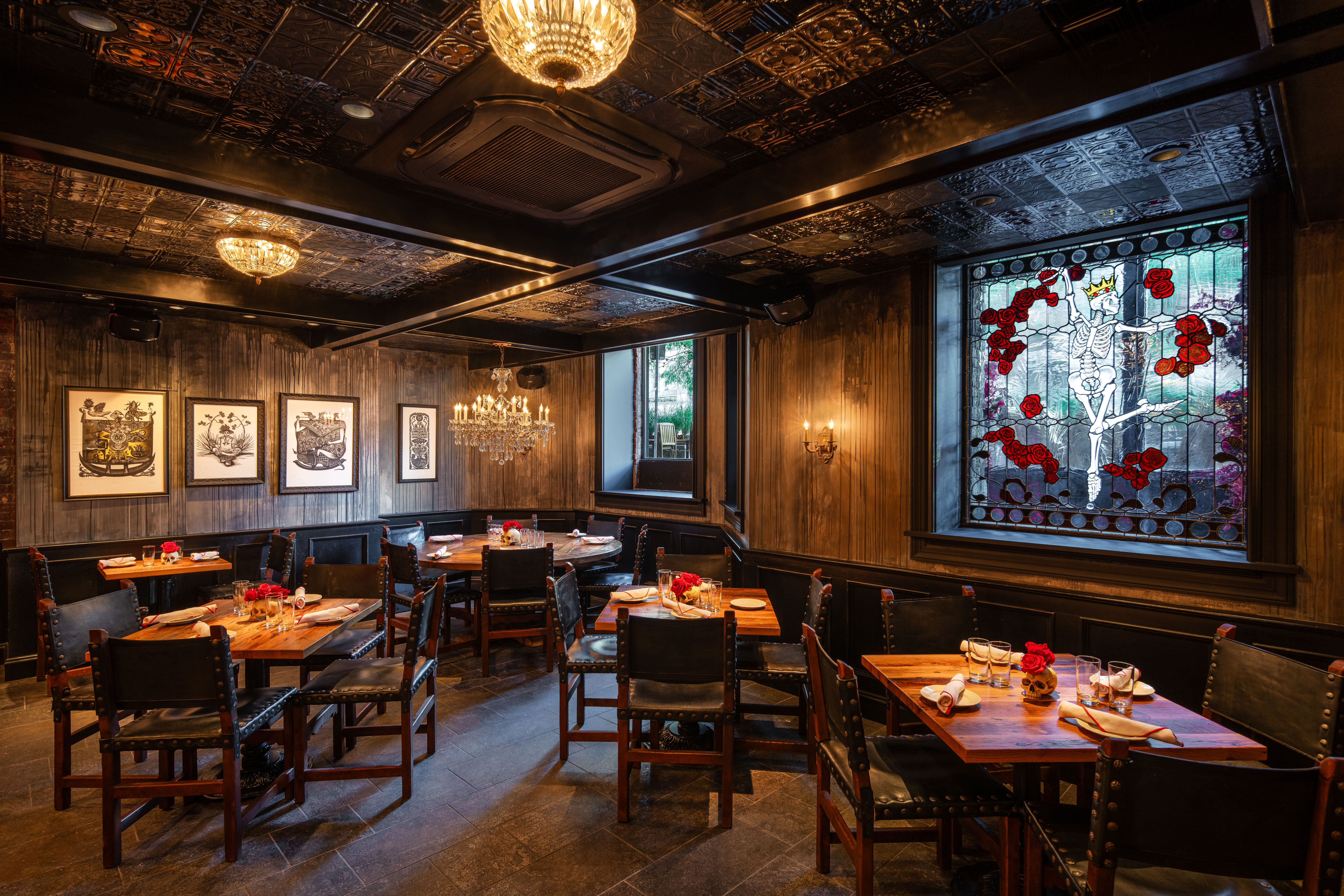 a room with tables and chairs