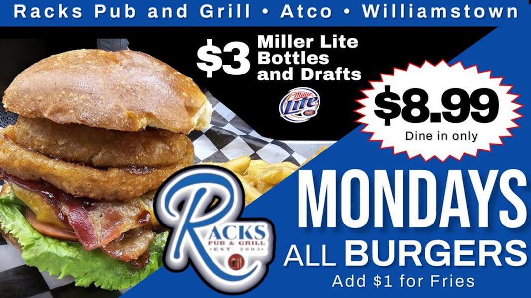 8.99 Burgers All Day Mondays Racks Pub & Grill