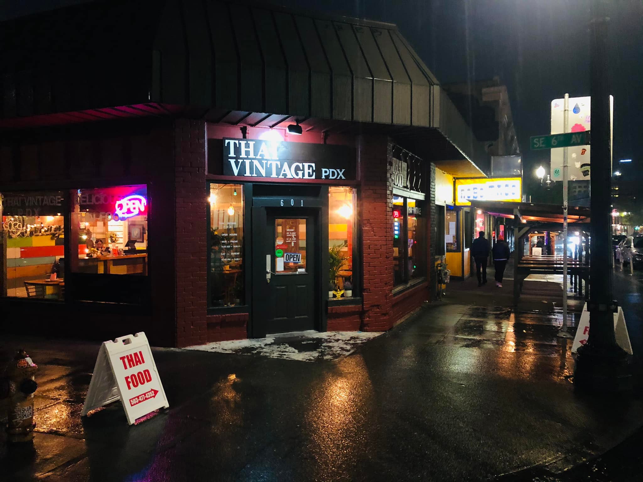 a store front at night