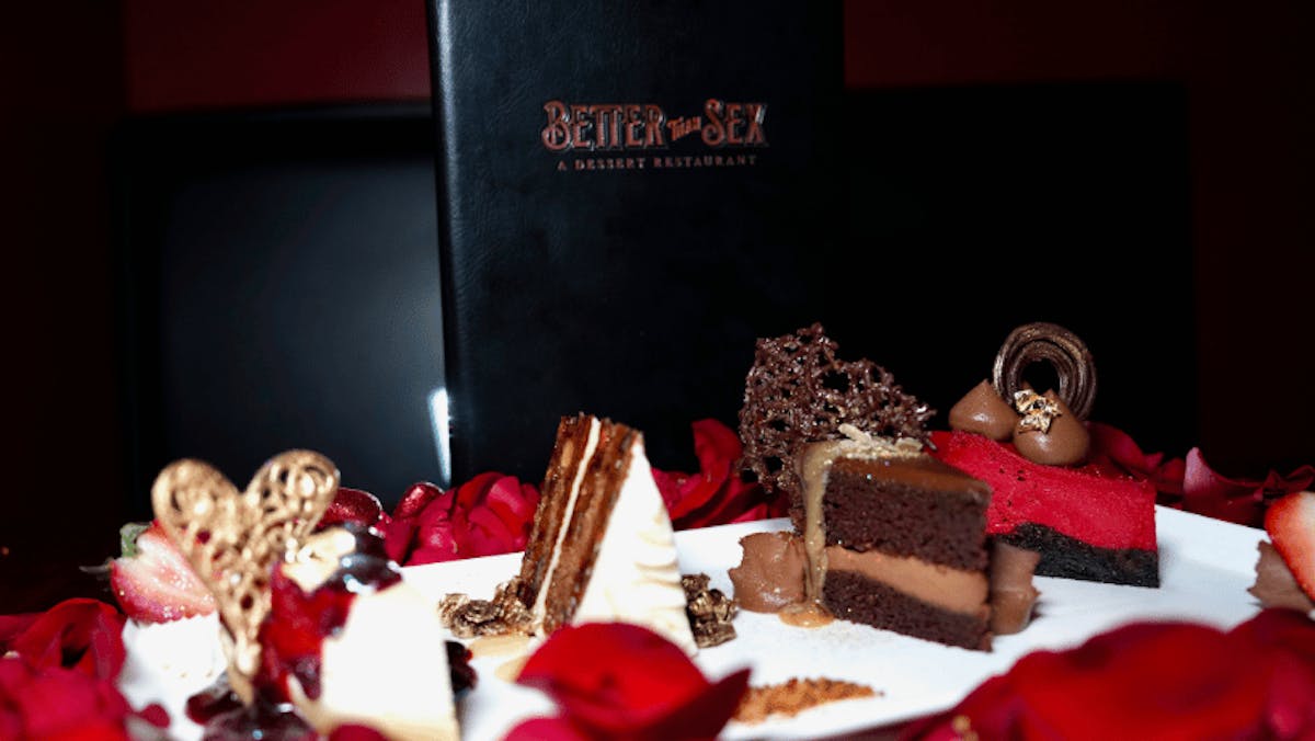 Close up of a sampler plate of four desserts from the Valentine's Menu at Better Than Sex - A Dessert Restaurant