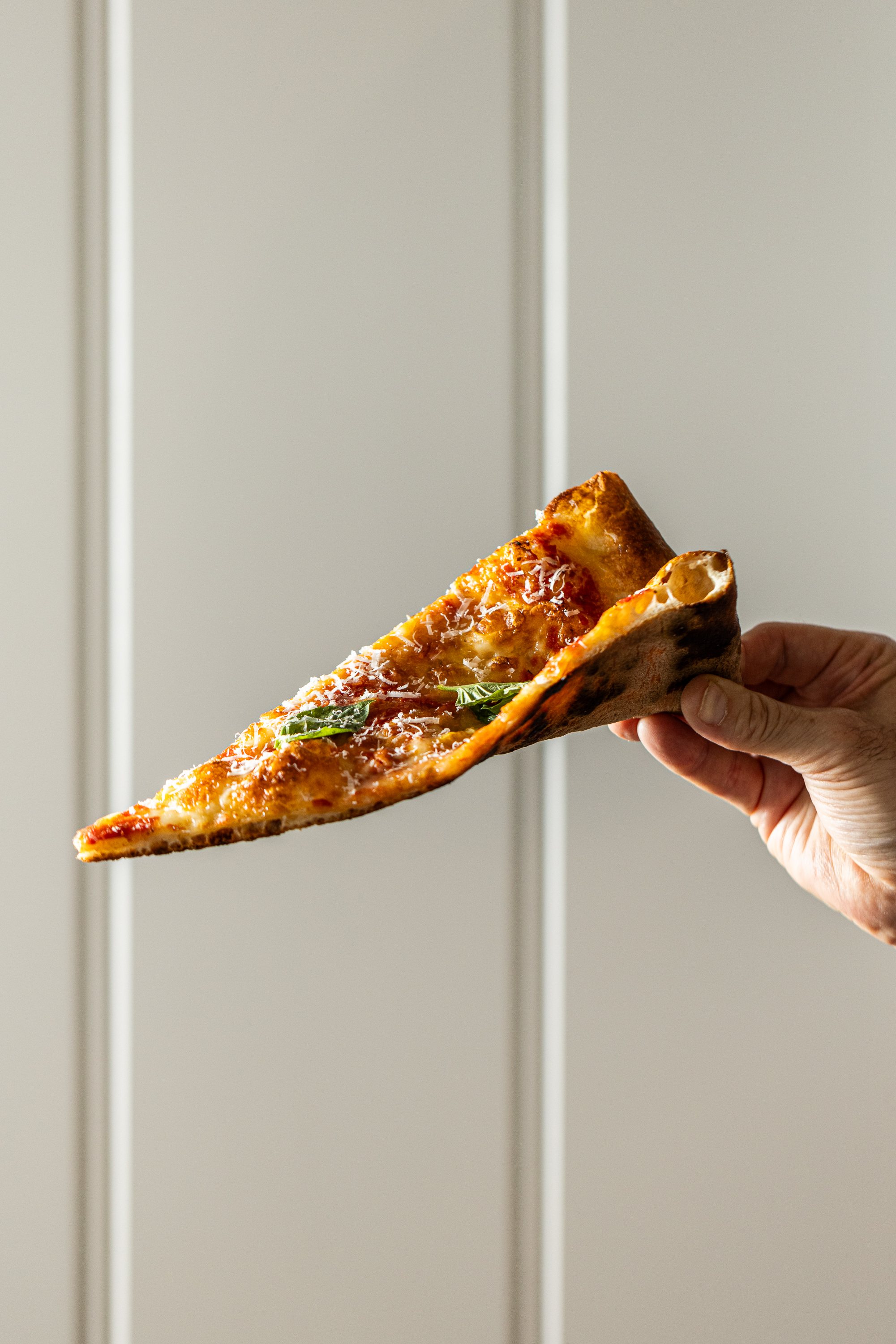 a hand holding a slice of pizza